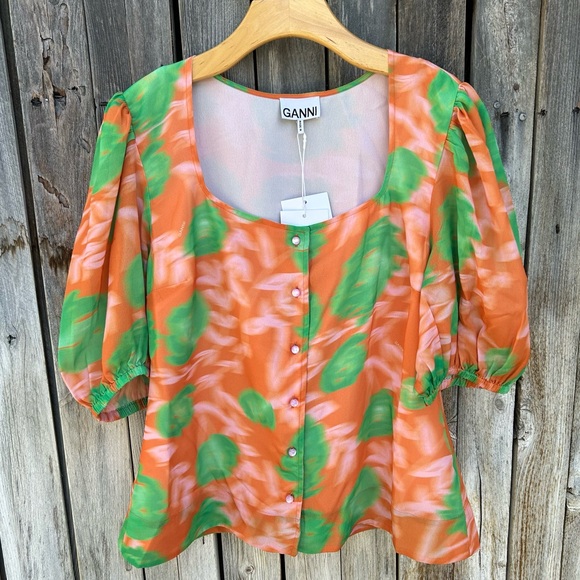 NWT Ganni Puff Sleeve Crepe Blouse Floral Print Vibrant Orange 44